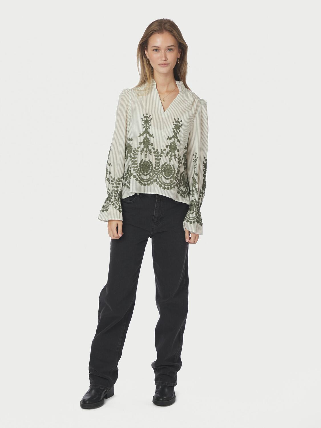 Amara Stripe Emb bluse - Dusty Green